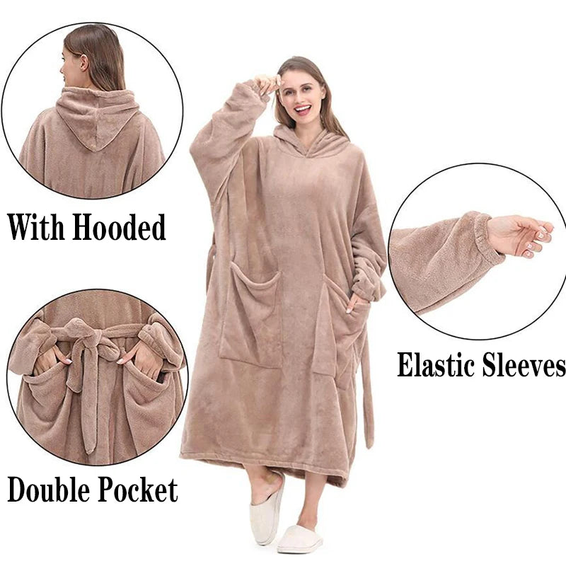 Winter Weighted Blanket with Sleeves Soft Warm Fleece Wearable TV Blanket Hoodie Adult Plush Lazy Long Robe Hooded Blanket