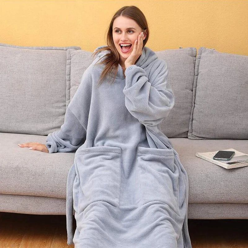 Winter Weighted Blanket with Sleeves Soft Warm Fleece Wearable TV Blanket Hoodie Adult Plush Lazy Long Robe Hooded Blanket