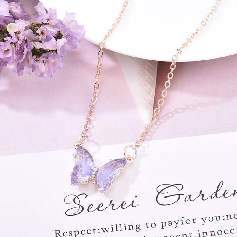 New Korean Super Fairy for Girls Women Fantasy Glass Crystal Butterfly Pendant Necklace Clavicle Chain Popular Necklaces Gift